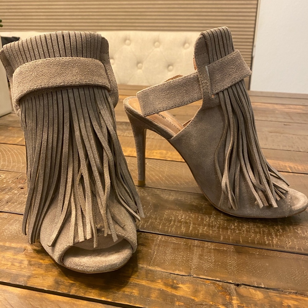 Free People Fringed Suede Peep-Toe Heels